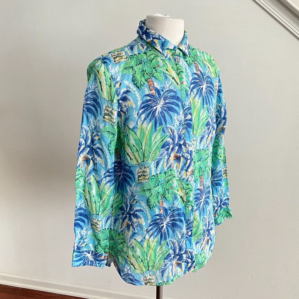 100 % Linen J McLaughlin Floral Palm Button Front Shirt L - Picture 9 of 10